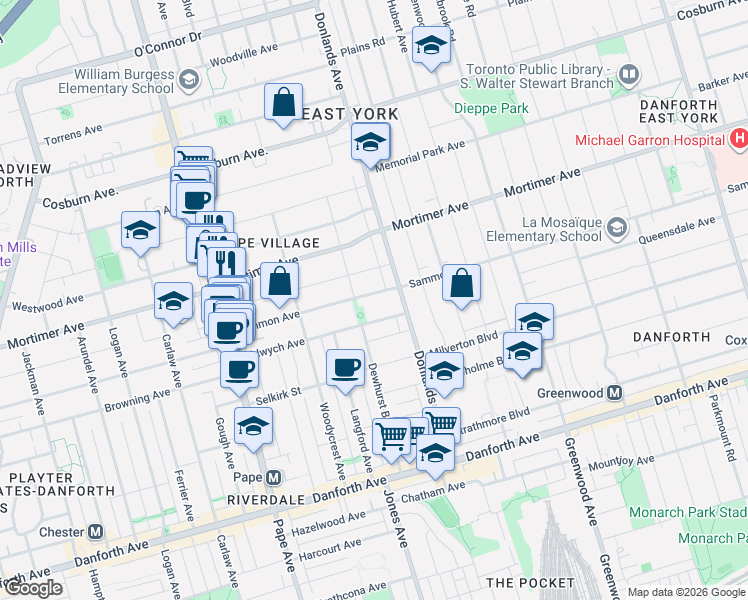 map of restaurants, bars, coffee shops, grocery stores, and more near 185 Sammon Avenue in Toronto