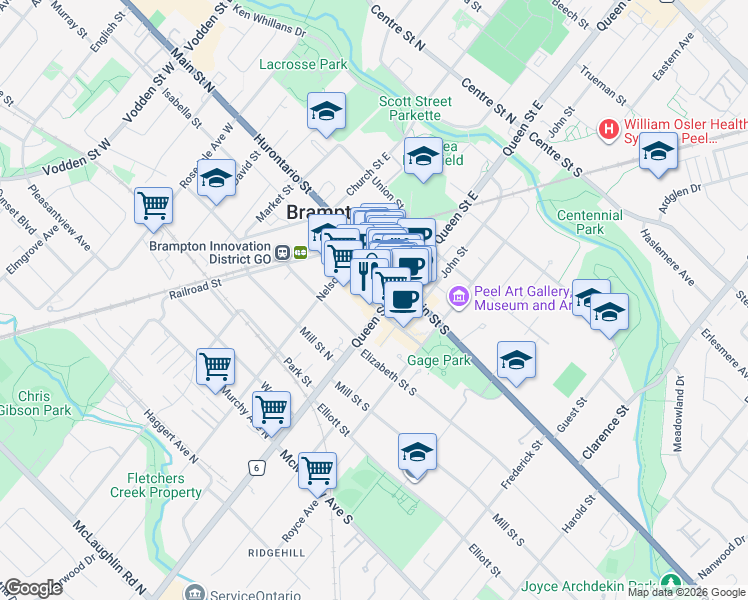 map of restaurants, bars, coffee shops, grocery stores, and more near 10 George Street North in Brampton