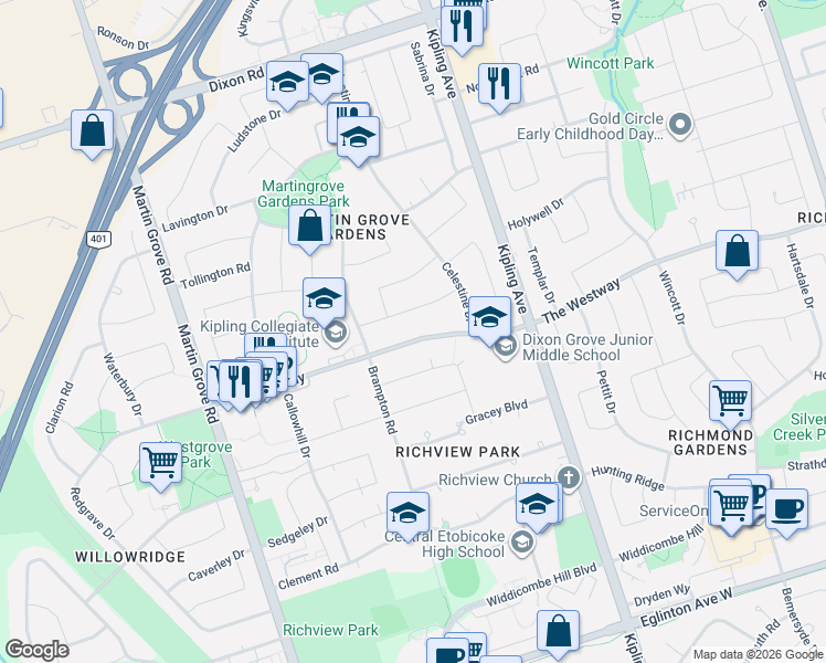 map of restaurants, bars, coffee shops, grocery stores, and more near 338 The Westway in Toronto