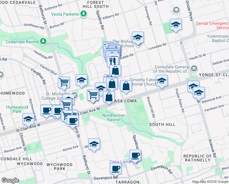 map of restaurants, bars, coffee shops, grocery stores, and more near 400 Spadina Road in Toronto
