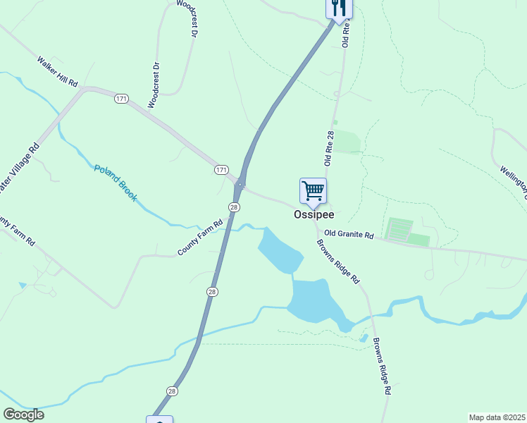 map of restaurants, bars, coffee shops, grocery stores, and more near 125 County Farm Road in Ossipee