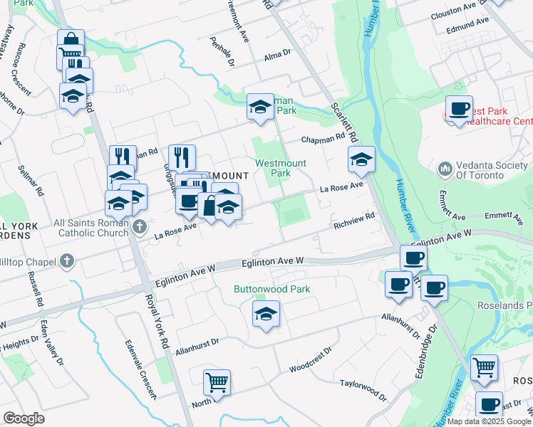 map of restaurants, bars, coffee shops, grocery stores, and more near 95 La Rose Avenue in Toronto