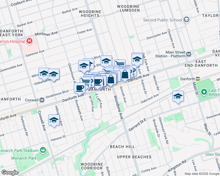 map of restaurants, bars, coffee shops, grocery stores, and more near 2067 Danforth Avenue in Toronto