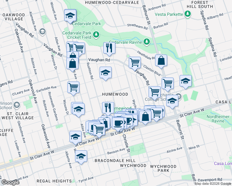 map of restaurants, bars, coffee shops, grocery stores, and more near 121 Maplewood Avenue in Toronto