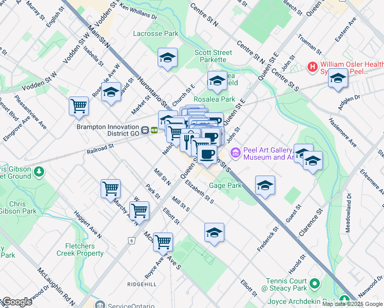 map of restaurants, bars, coffee shops, grocery stores, and more near in Brampton