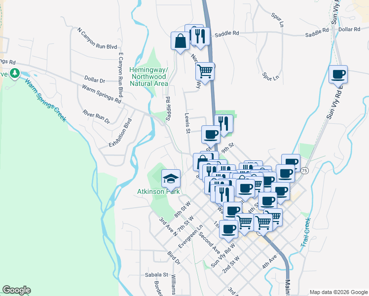 map of restaurants, bars, coffee shops, grocery stores, and more near 401 Lewis Street in Ketchum