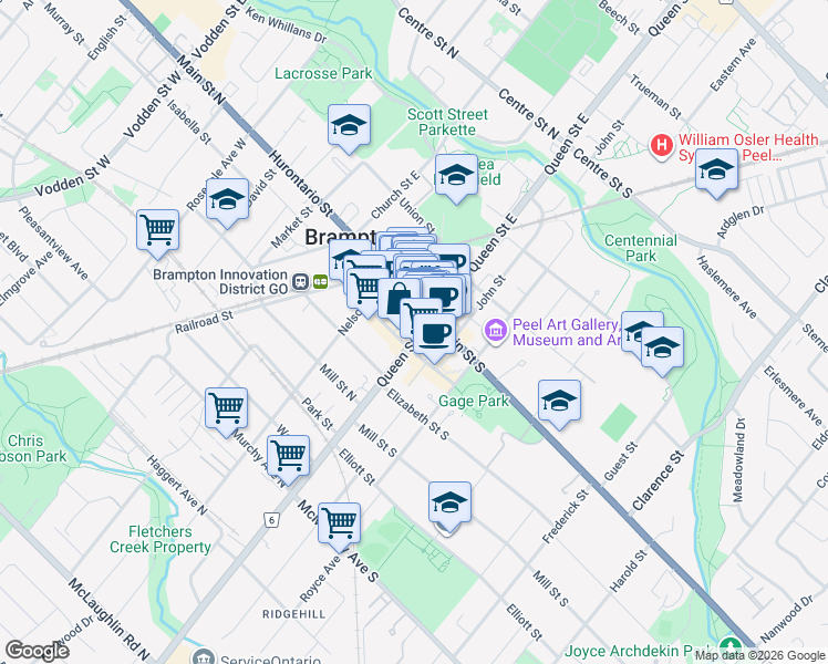 map of restaurants, bars, coffee shops, grocery stores, and more near in Brampton
