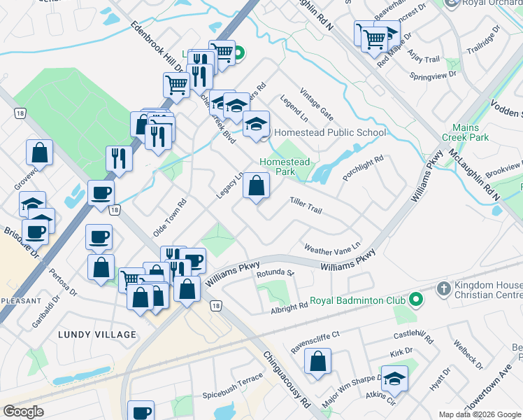 map of restaurants, bars, coffee shops, grocery stores, and more near 161 Tiller Trail in Brampton
