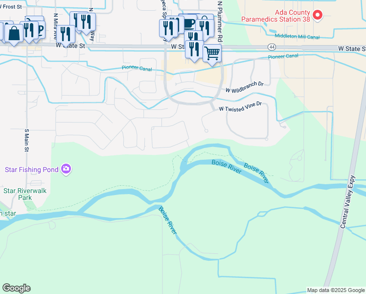 map of restaurants, bars, coffee shops, grocery stores, and more near 9823 West Hercules Drive in Star