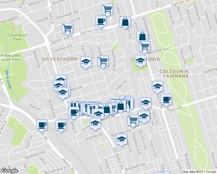 map of restaurants, bars, coffee shops, grocery stores, and more near 68-74 Dunraven Drive in Toronto
