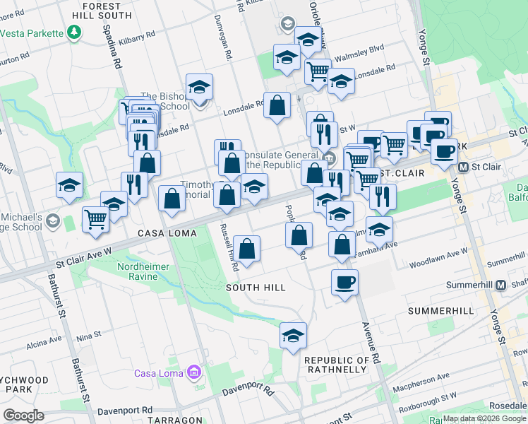 map of restaurants, bars, coffee shops, grocery stores, and more near 235 Saint Clair Avenue West in Toronto