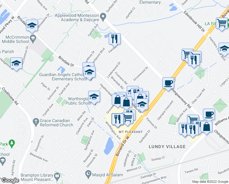 map of restaurants, bars, coffee shops, grocery stores, and more near 80 Brisdale Drive in Brampton