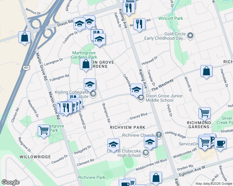 map of restaurants, bars, coffee shops, grocery stores, and more near 338 The Westway in Toronto