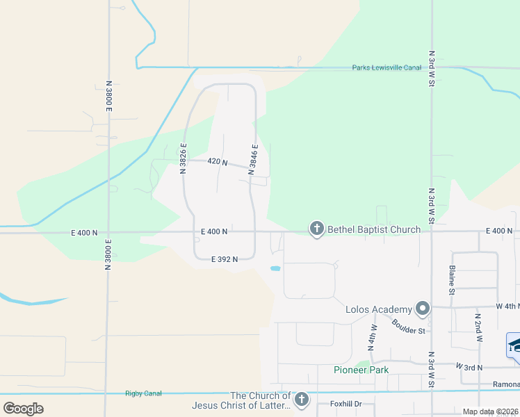 map of restaurants, bars, coffee shops, grocery stores, and more near 406-412 N 3846 E in Rigby
