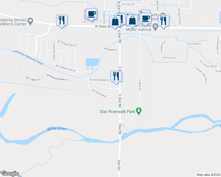 map of restaurants, bars, coffee shops, grocery stores, and more near 9823 West Hercules Drive in Star
