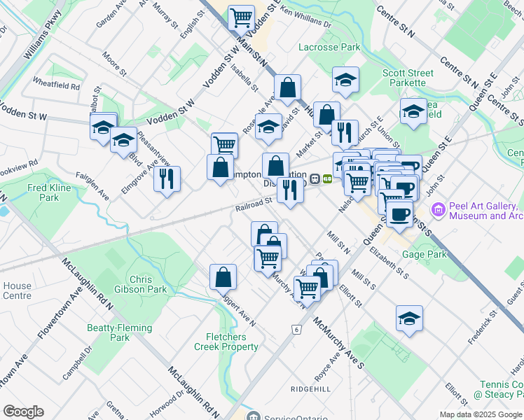 map of restaurants, bars, coffee shops, grocery stores, and more near in Brampton