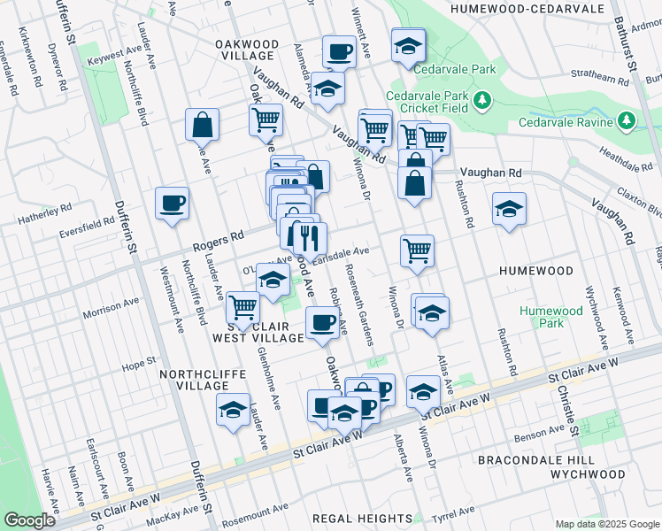 map of restaurants, bars, coffee shops, grocery stores, and more near 177 Robina Avenue in Toronto