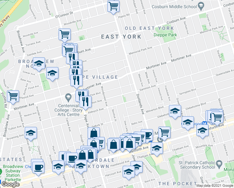 map of restaurants, bars, coffee shops, grocery stores, and more near 120 Sammon Avenue in Toronto