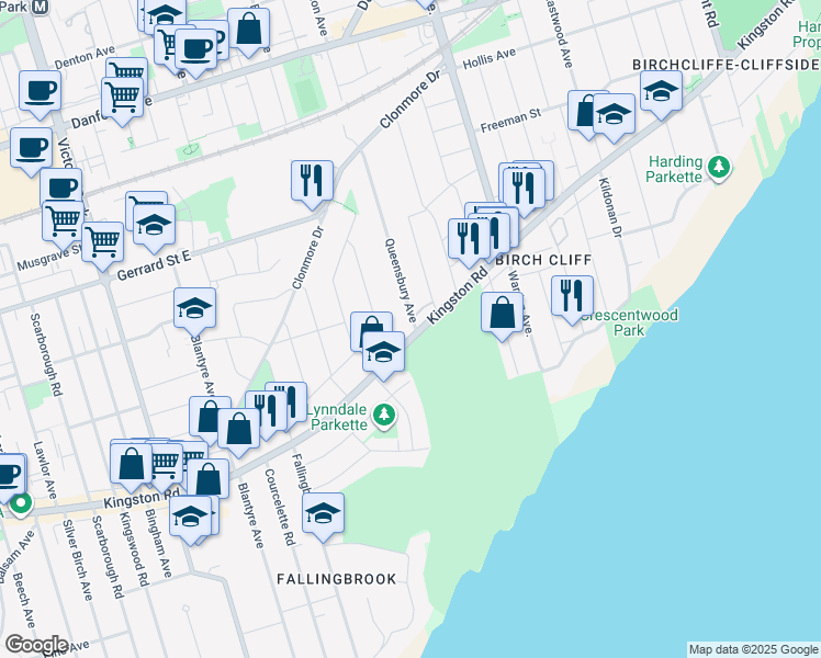map of restaurants, bars, coffee shops, grocery stores, and more near 2A Queensbury Avenue in Toronto