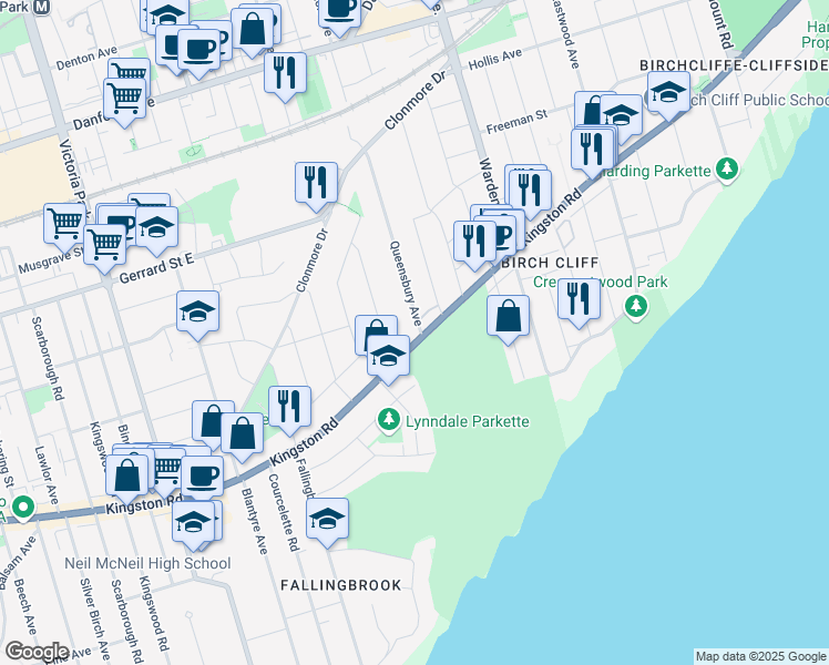 map of restaurants, bars, coffee shops, grocery stores, and more near 1340 Kingston Road in Toronto