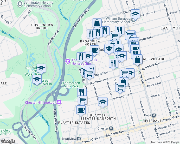 map of restaurants, bars, coffee shops, grocery stores, and more near 1079 Broadview Avenue in Toronto
