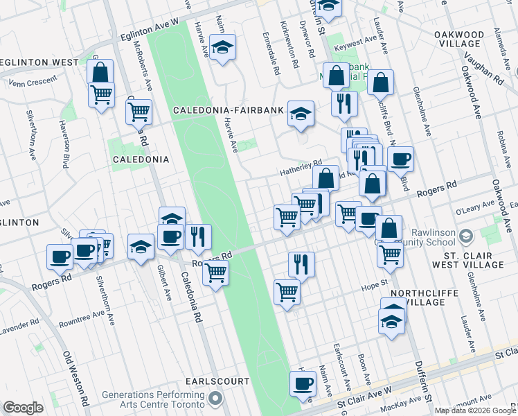 map of restaurants, bars, coffee shops, grocery stores, and more near 293 Harvie Avenue in Toronto