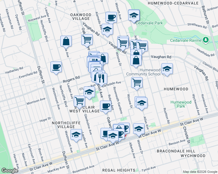 map of restaurants, bars, coffee shops, grocery stores, and more near 177 Robina Avenue in Toronto