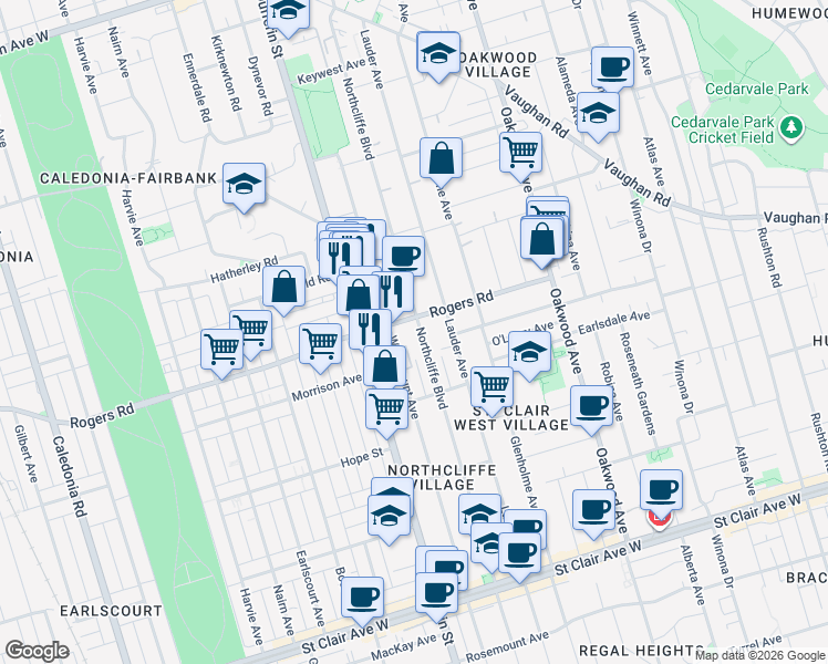 map of restaurants, bars, coffee shops, grocery stores, and more near 380 Northcliffe Boulevard in Toronto