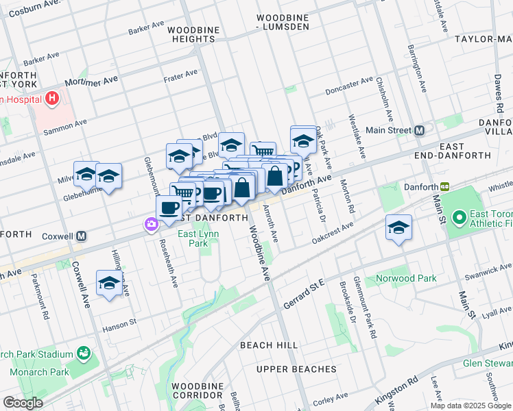 map of restaurants, bars, coffee shops, grocery stores, and more near in Toronto