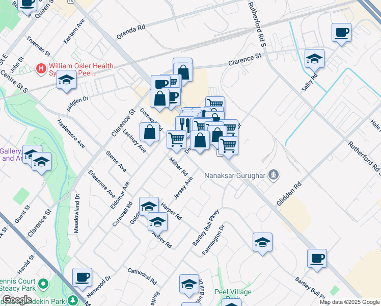 map of restaurants, bars, coffee shops, grocery stores, and more near 3 Benton Street in Brampton