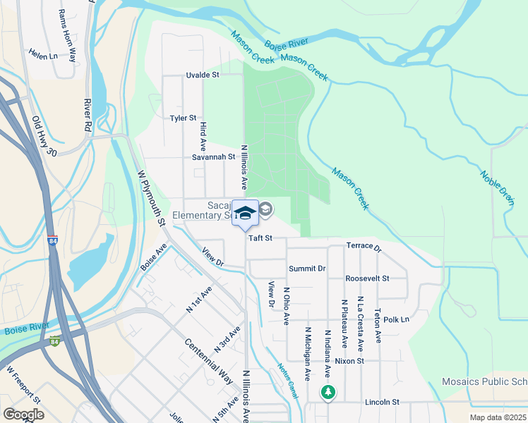 map of restaurants, bars, coffee shops, grocery stores, and more near 1710 North Illinois Avenue in Caldwell