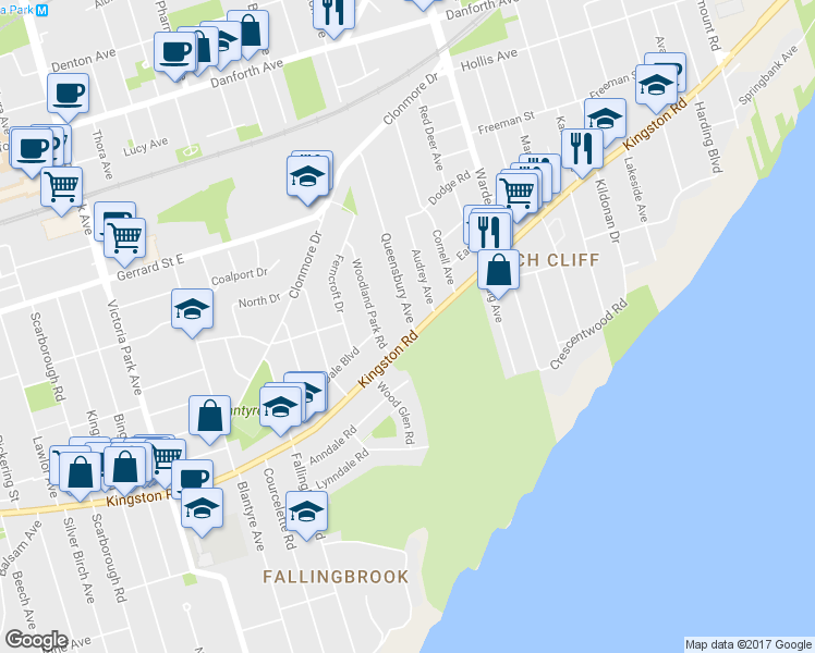 map of restaurants, bars, coffee shops, grocery stores, and more near 8 Queensbury Avenue in Toronto