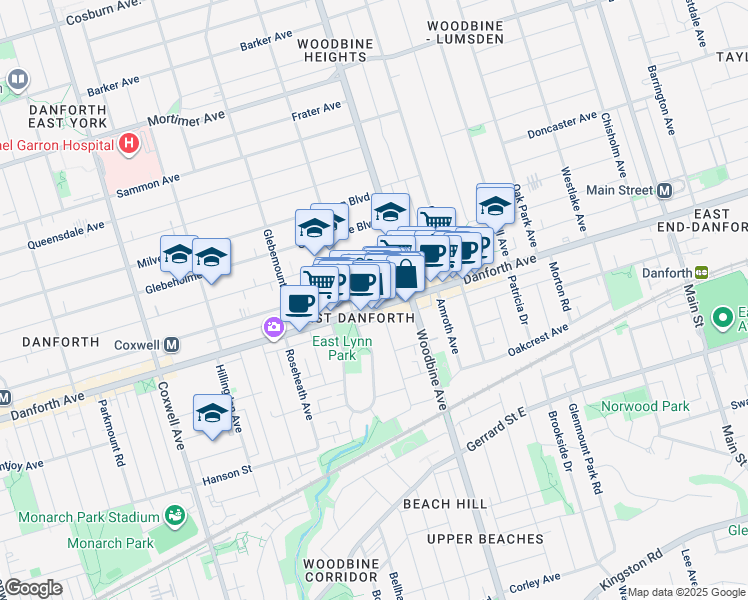 map of restaurants, bars, coffee shops, grocery stores, and more near in Toronto