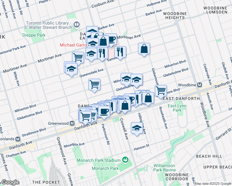 map of restaurants, bars, coffee shops, grocery stores, and more near in Toronto