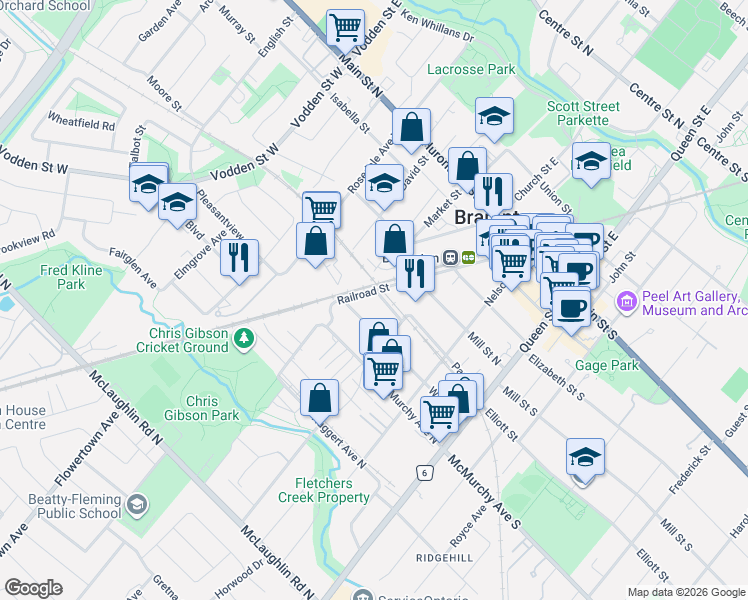 map of restaurants, bars, coffee shops, grocery stores, and more near 73 Park Street in Brampton