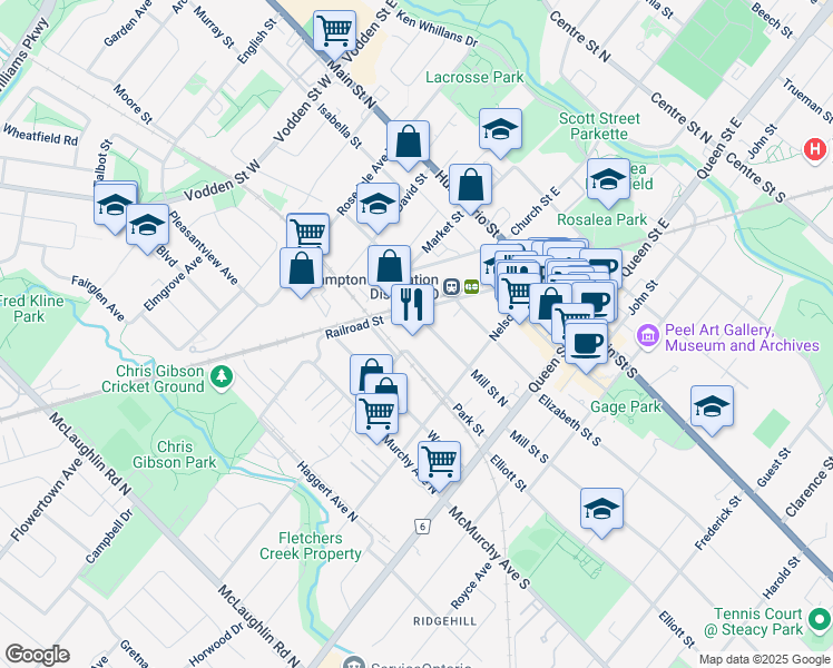 map of restaurants, bars, coffee shops, grocery stores, and more near 45 Railroad Street in Brampton