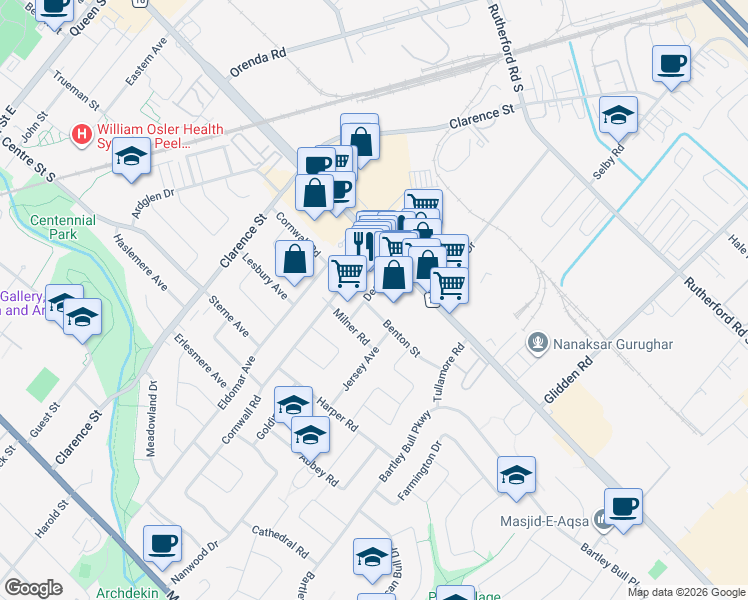 map of restaurants, bars, coffee shops, grocery stores, and more near 3 Benton Street in Brampton