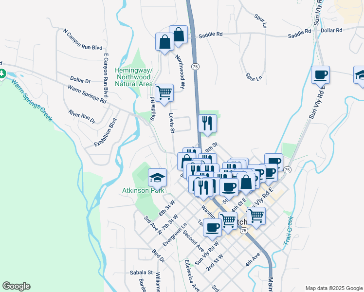 map of restaurants, bars, coffee shops, grocery stores, and more near 100 Lewis Street in Sun Valley