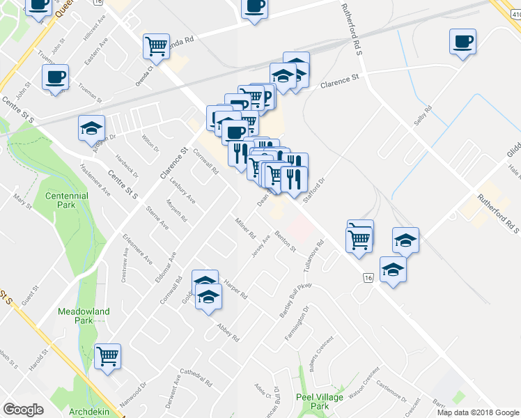map of restaurants, bars, coffee shops, grocery stores, and more near 3 Benton Street in Brampton