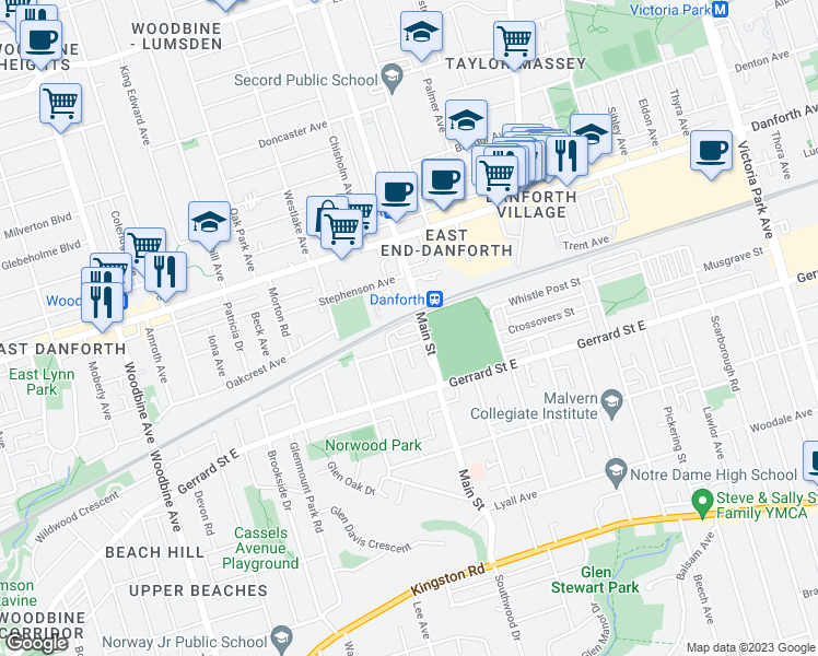 map of restaurants, bars, coffee shops, grocery stores, and more near 21 LittleYork Road in Toronto
