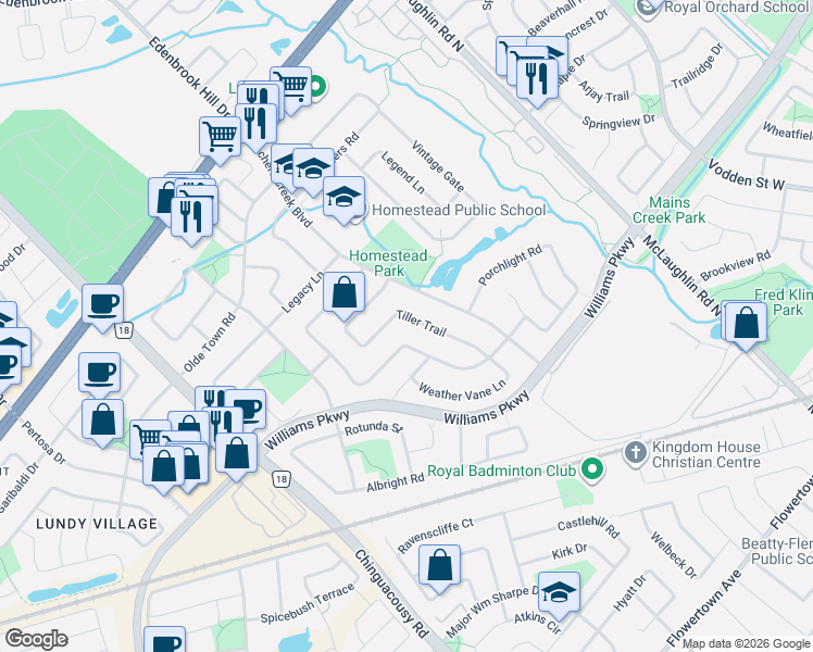map of restaurants, bars, coffee shops, grocery stores, and more near 72 Tiller Trail in Brampton
