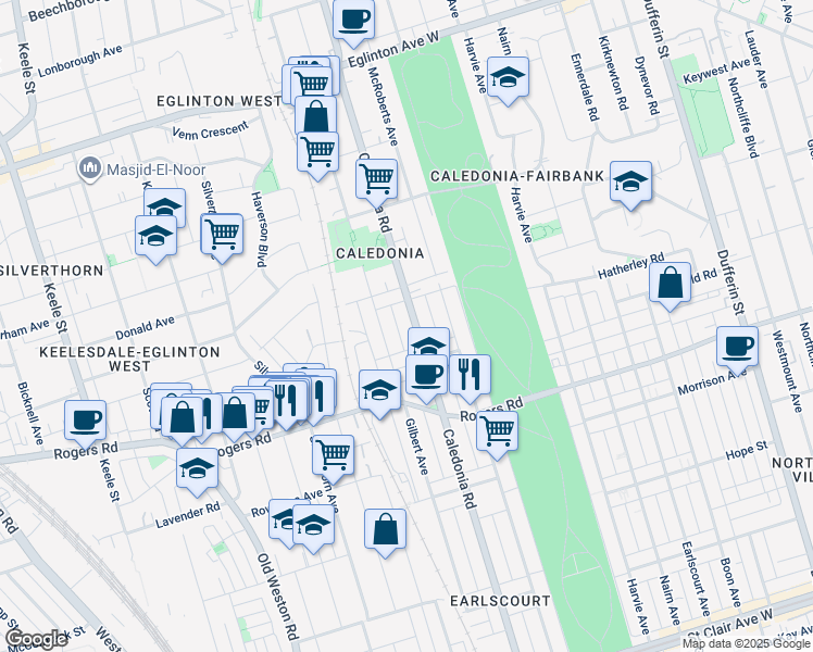 map of restaurants, bars, coffee shops, grocery stores, and more near in Toronto