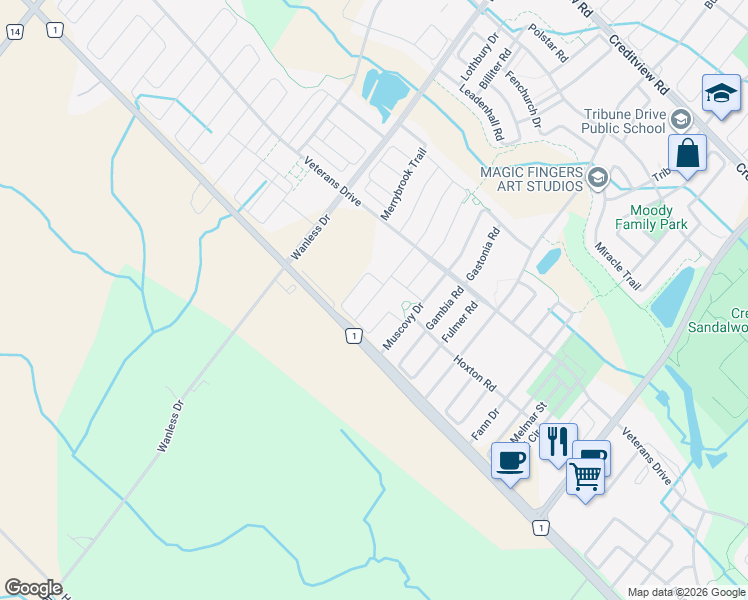 map of restaurants, bars, coffee shops, grocery stores, and more near 43 Hogan Manor Drive in Brampton