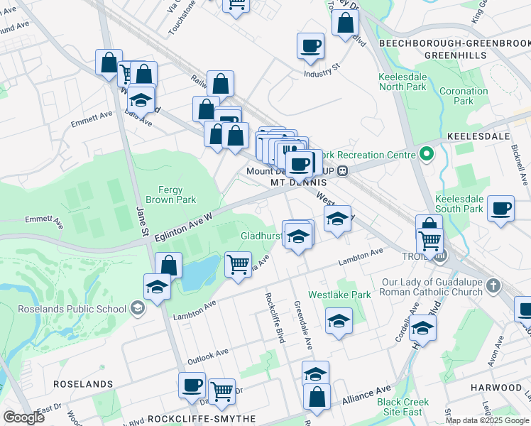 map of restaurants, bars, coffee shops, grocery stores, and more near 3559 Eglinton Avenue West in Toronto