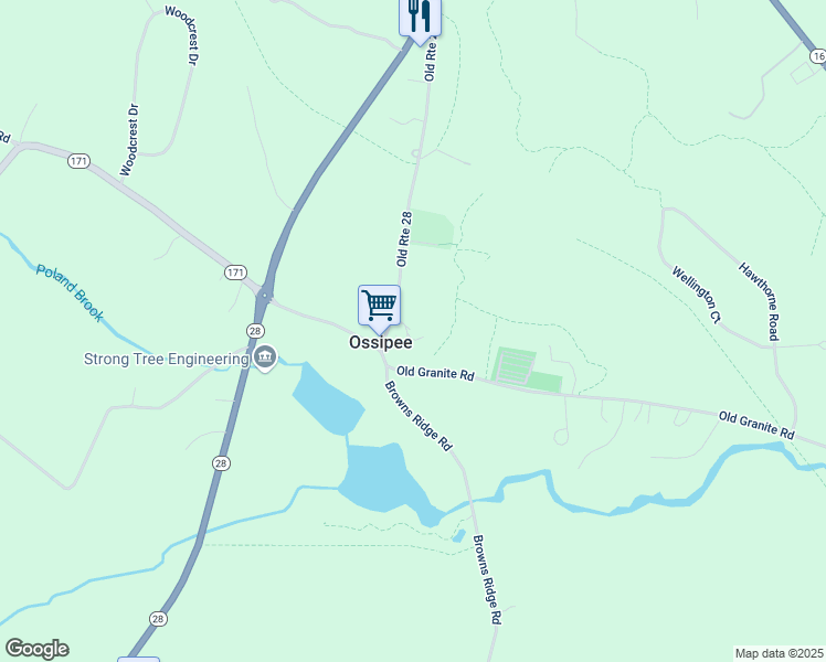 map of restaurants, bars, coffee shops, grocery stores, and more near 95 Old Route 28 in Ossipee