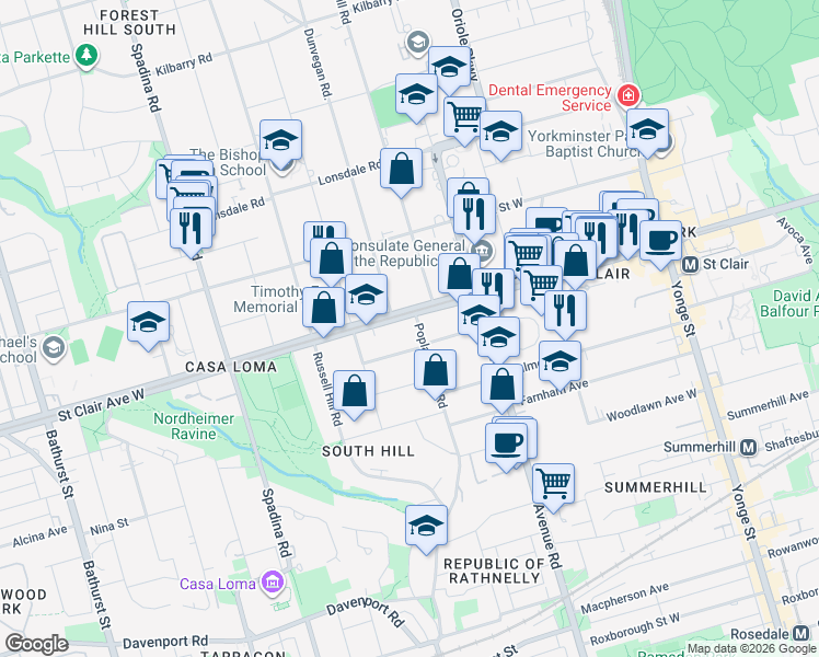 map of restaurants, bars, coffee shops, grocery stores, and more near 268 Poplar Plains Road in Toronto