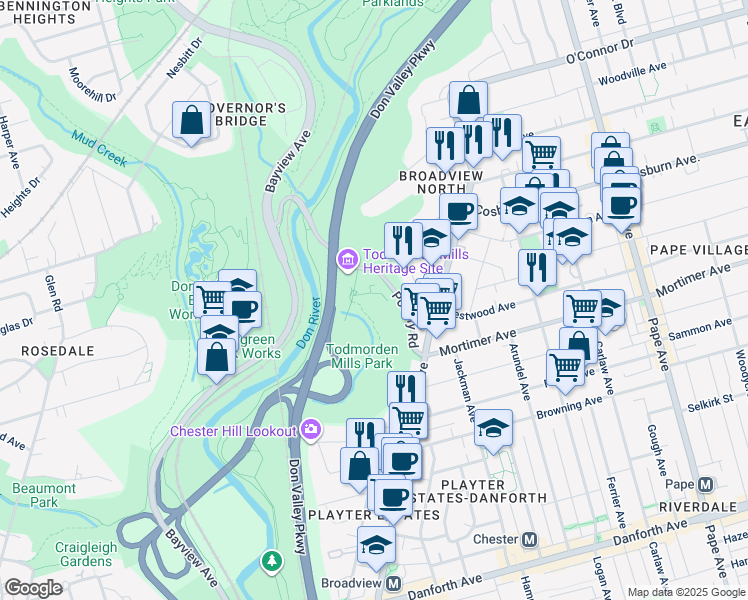 map of restaurants, bars, coffee shops, grocery stores, and more near 67 Pottery Road in Toronto