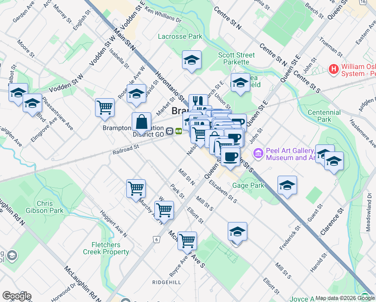 map of restaurants, bars, coffee shops, grocery stores, and more near 30 Nelson Street West in Brampton