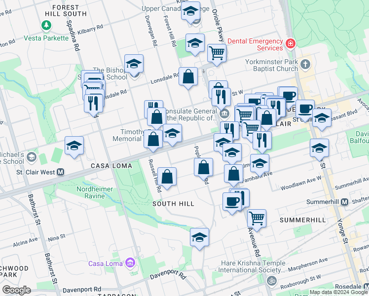 map of restaurants, bars, coffee shops, grocery stores, and more near in Toronto