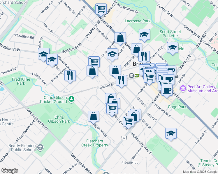map of restaurants, bars, coffee shops, grocery stores, and more near in Brampton